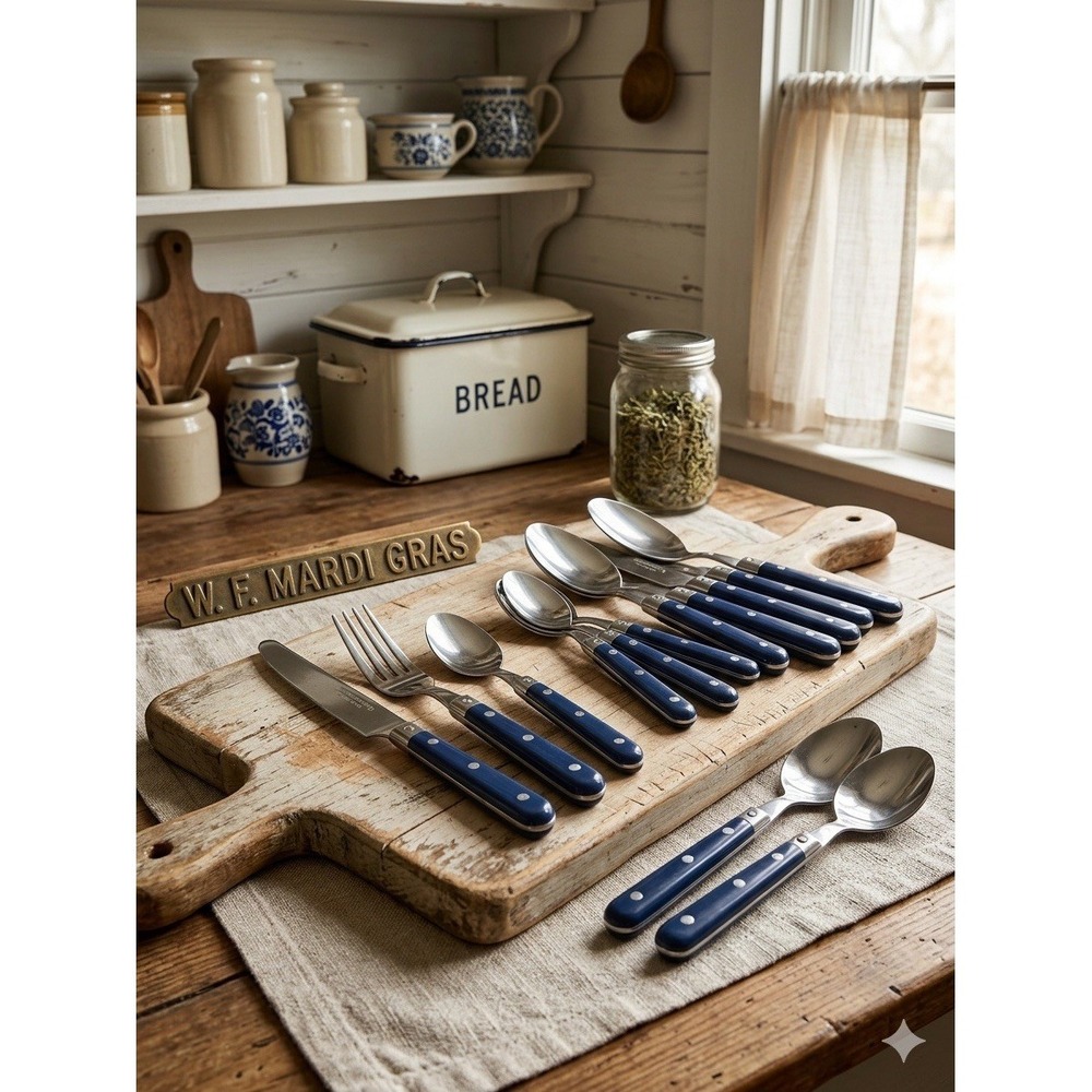 Vintage Washington Forge Mardi Gras Flatware Set - 17 Pieces - Navy Blue Handle